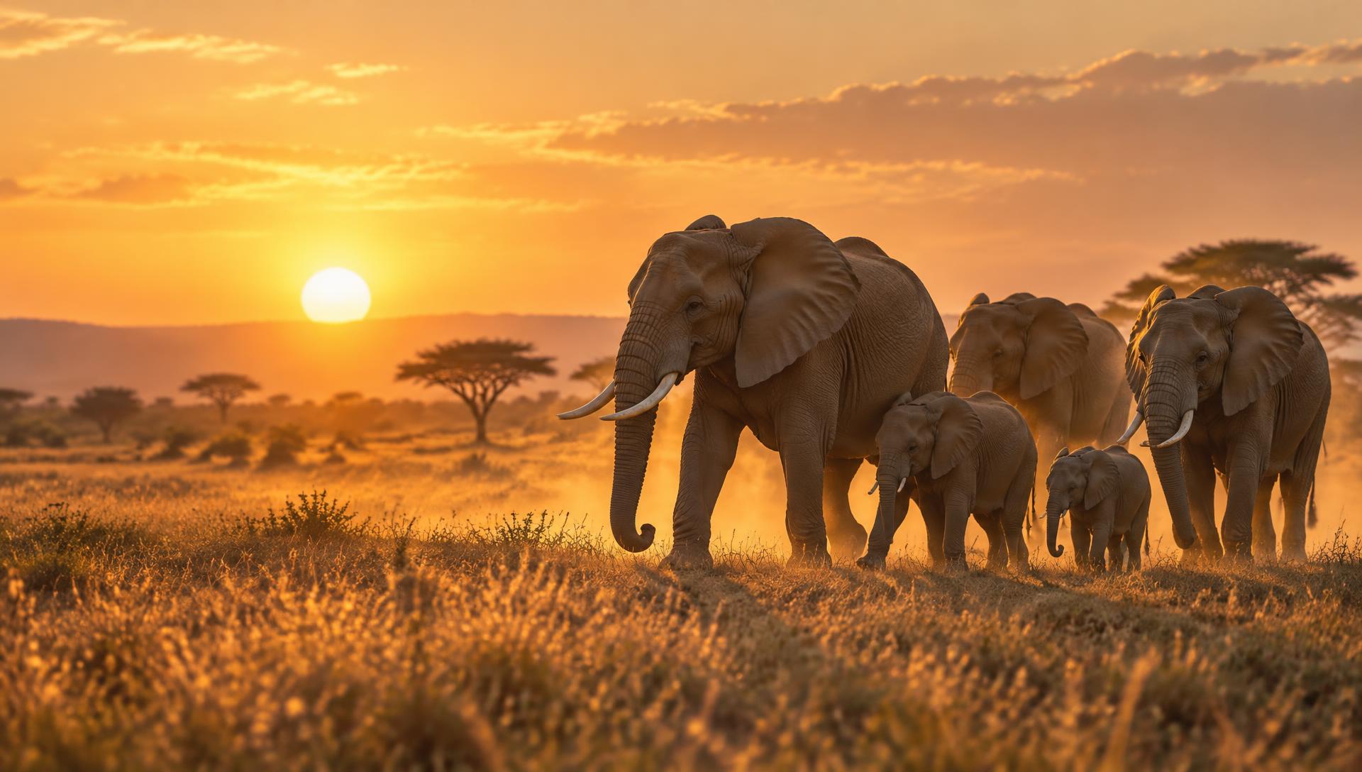 A family herd of elephants crossing the savannah at golden hour