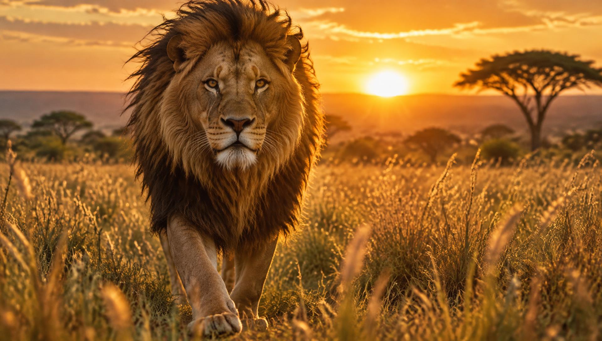 A lion walking through the savannah at golden hour