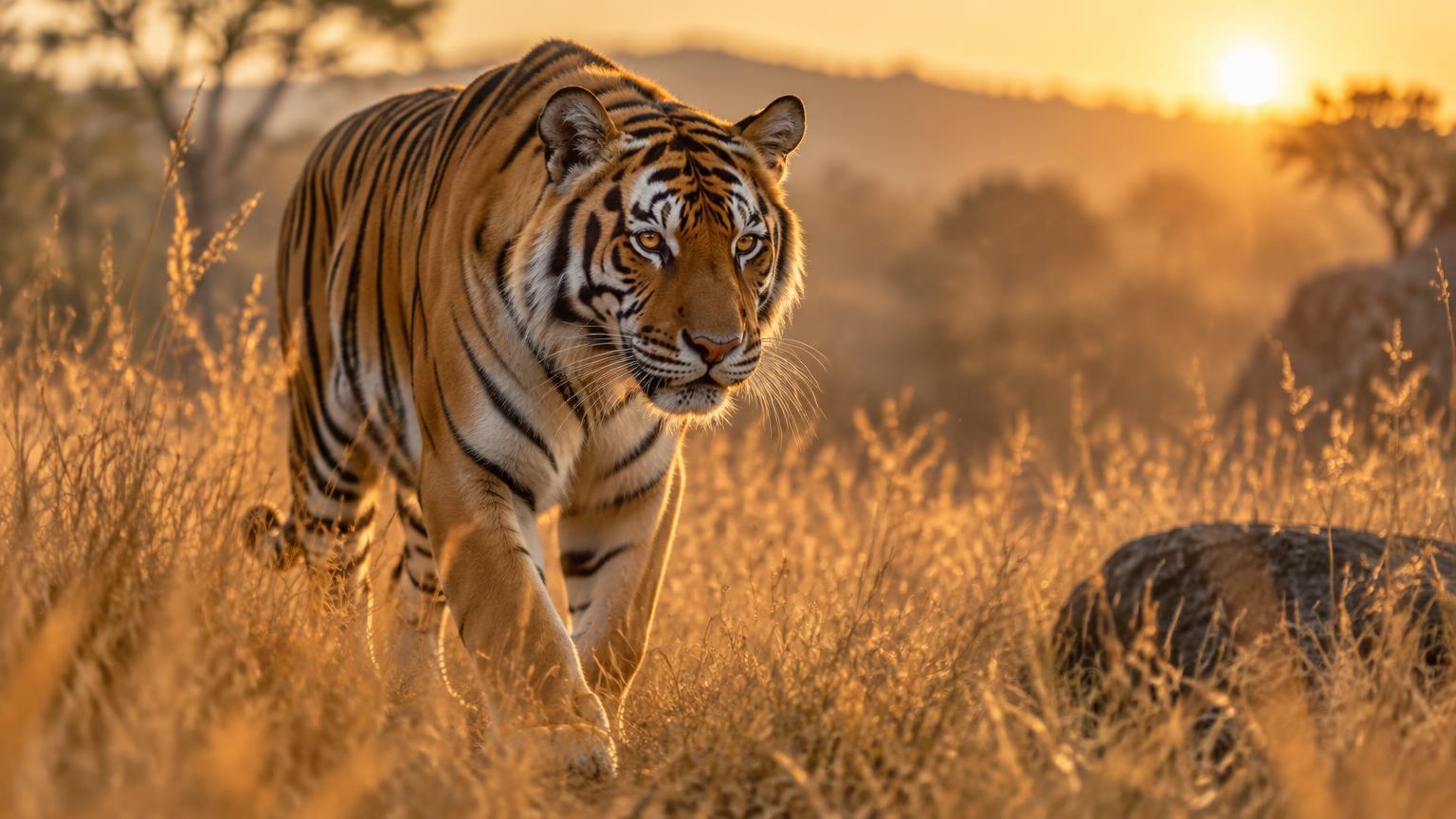 A tiger walking through tall golden grass at sunrise